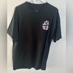 Anti Social Social Club Black Tee with Pink Floral Chest Logo